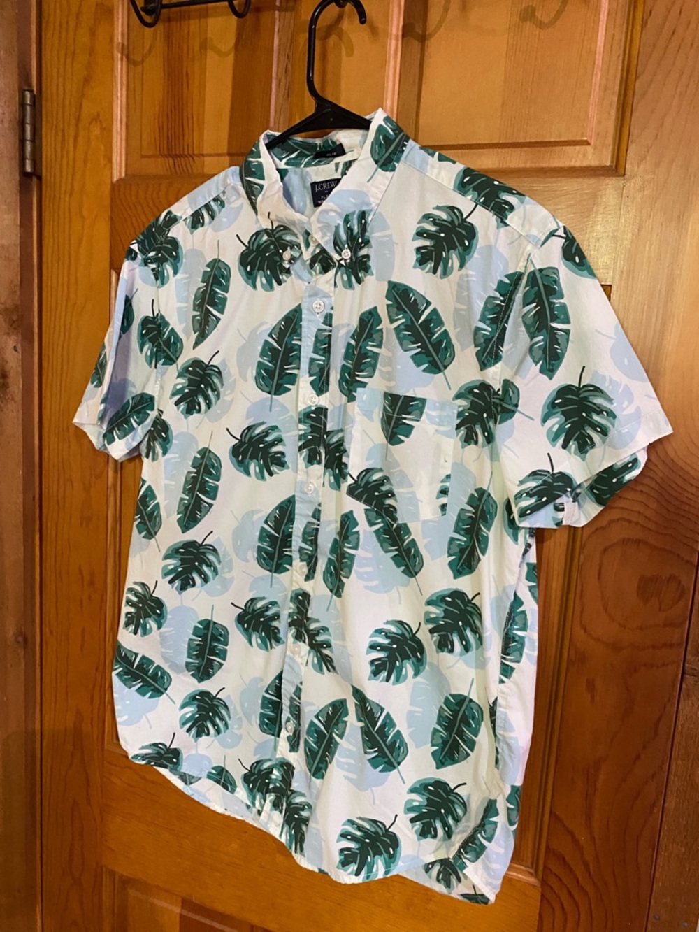J. Crew Factory White Short-Sleeve Button-Down with Green Leaf Print